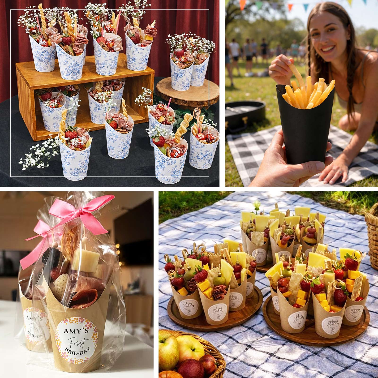 Blue gourmet snack cups with fruit and fries