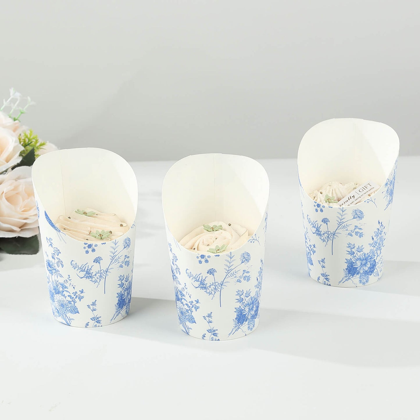 50 Pack White Blue Paper Popcorn Box Snack Cups with French Toile Floral Pattern, Disposable Appetizer Cone Cups - 14oz