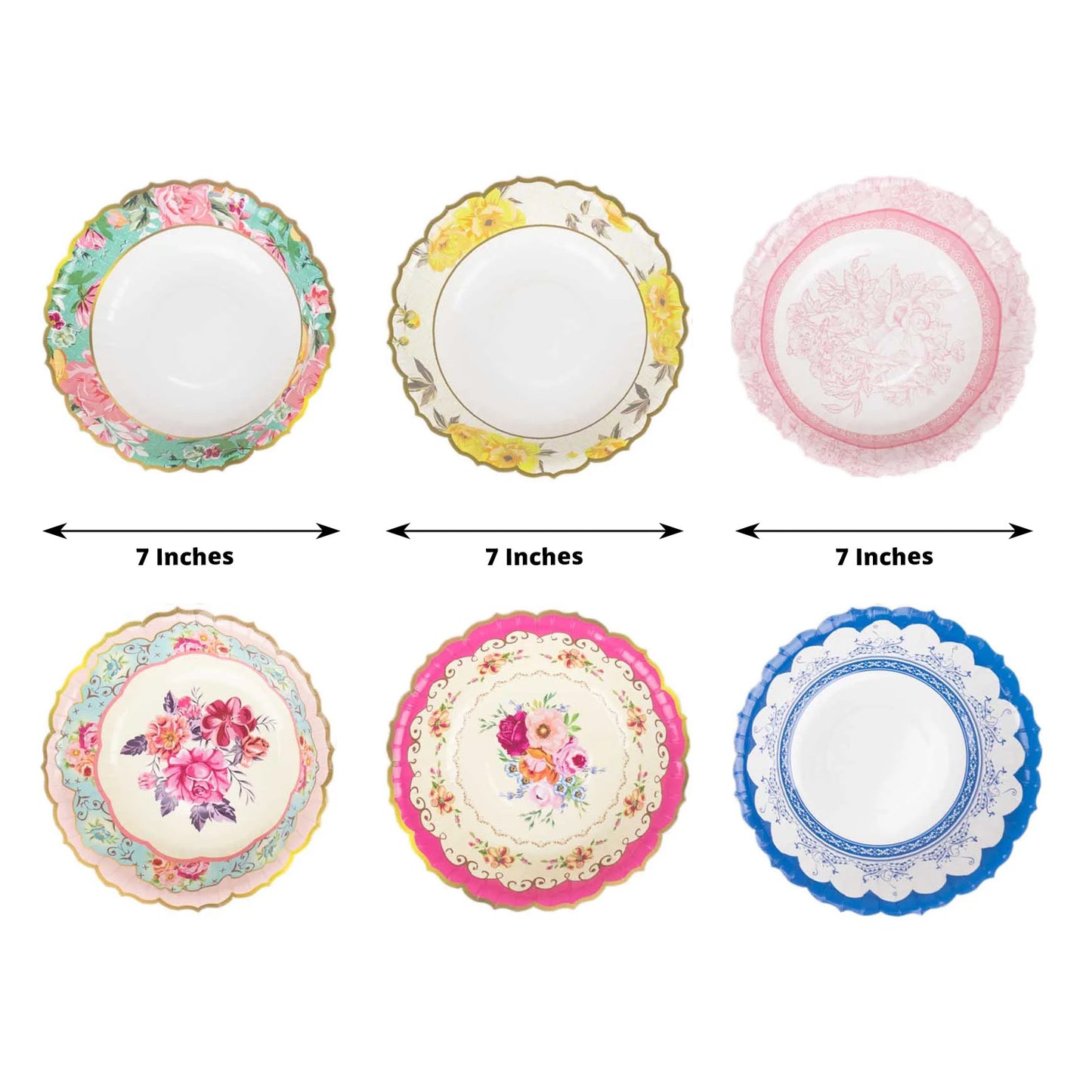 24 Pack Vintage Mixed Floral Party Snack Bowls With Scalloped Edge, 7" Round Disposable Dessert Salad Paper Bowls - 300GSM