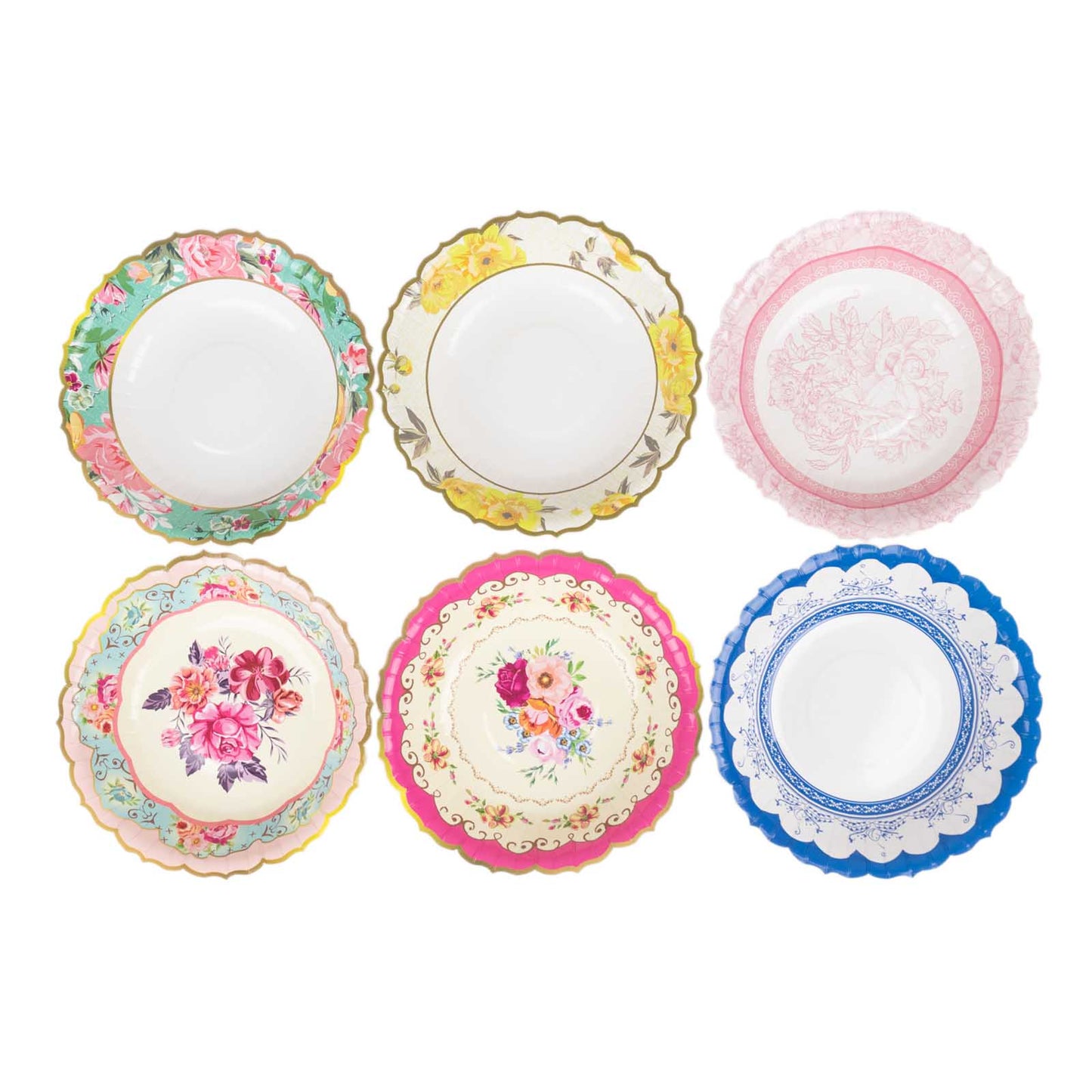 24 Pack Vintage Mixed Floral Party Snack Bowls With Scalloped Edge, 7" Round Disposable Dessert Salad Paper Bowls - 300GSM