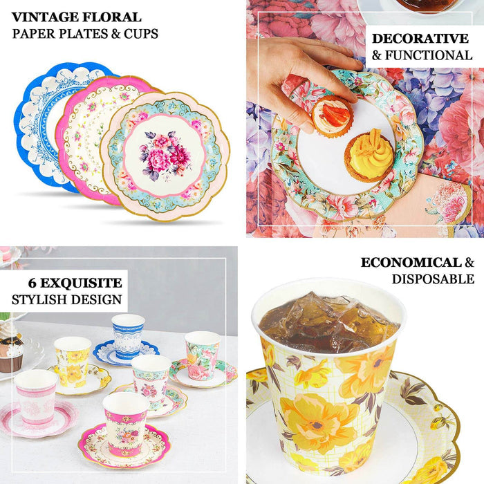 24 Pack Vintage Mixed Floral Disposable Cup And Saucer Set, Paper Tea Party Supplies Kit