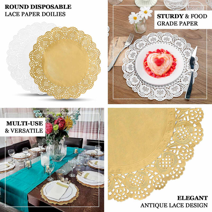 Gold lace paper doilies, 12 inches, food grade, elegant design for dining.
