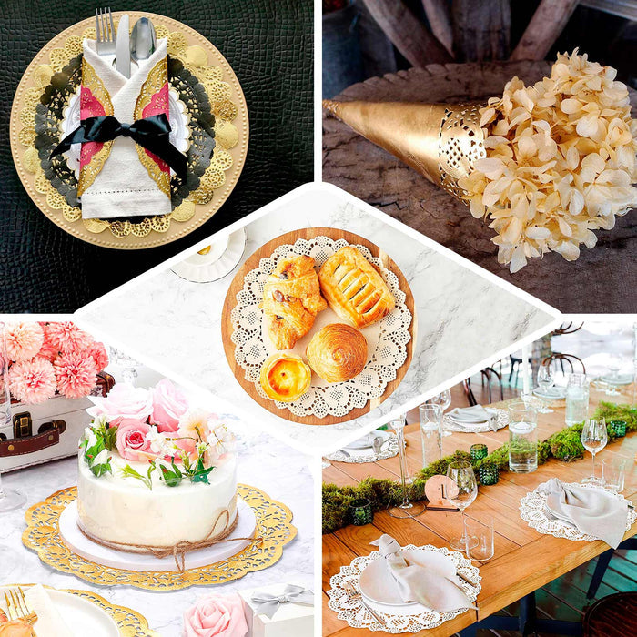 Gold lace paper doilies for elegant table settings and food presentation.