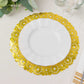 Metallic gold lace doily placemat with a white plate on top.