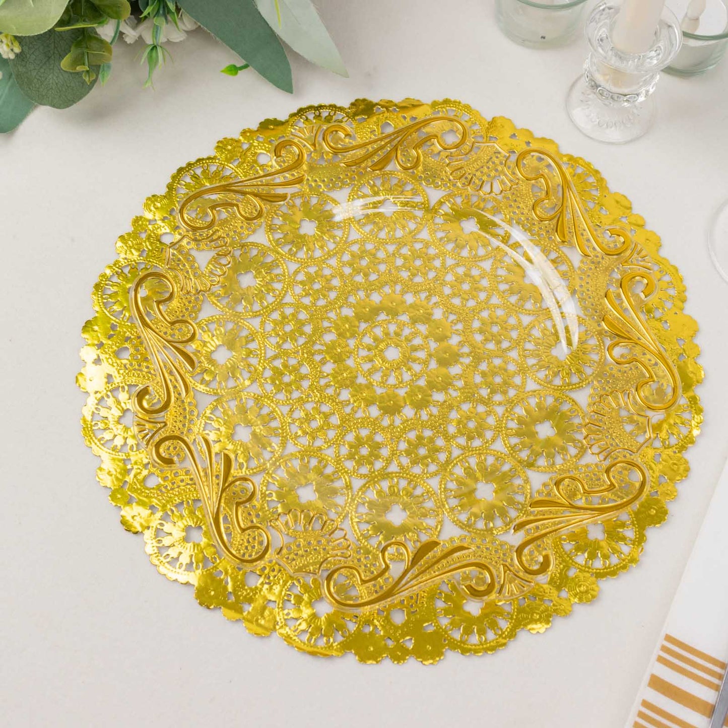 Metallic gold paper lace doily, 12" round disposable placemat, 50 pack.