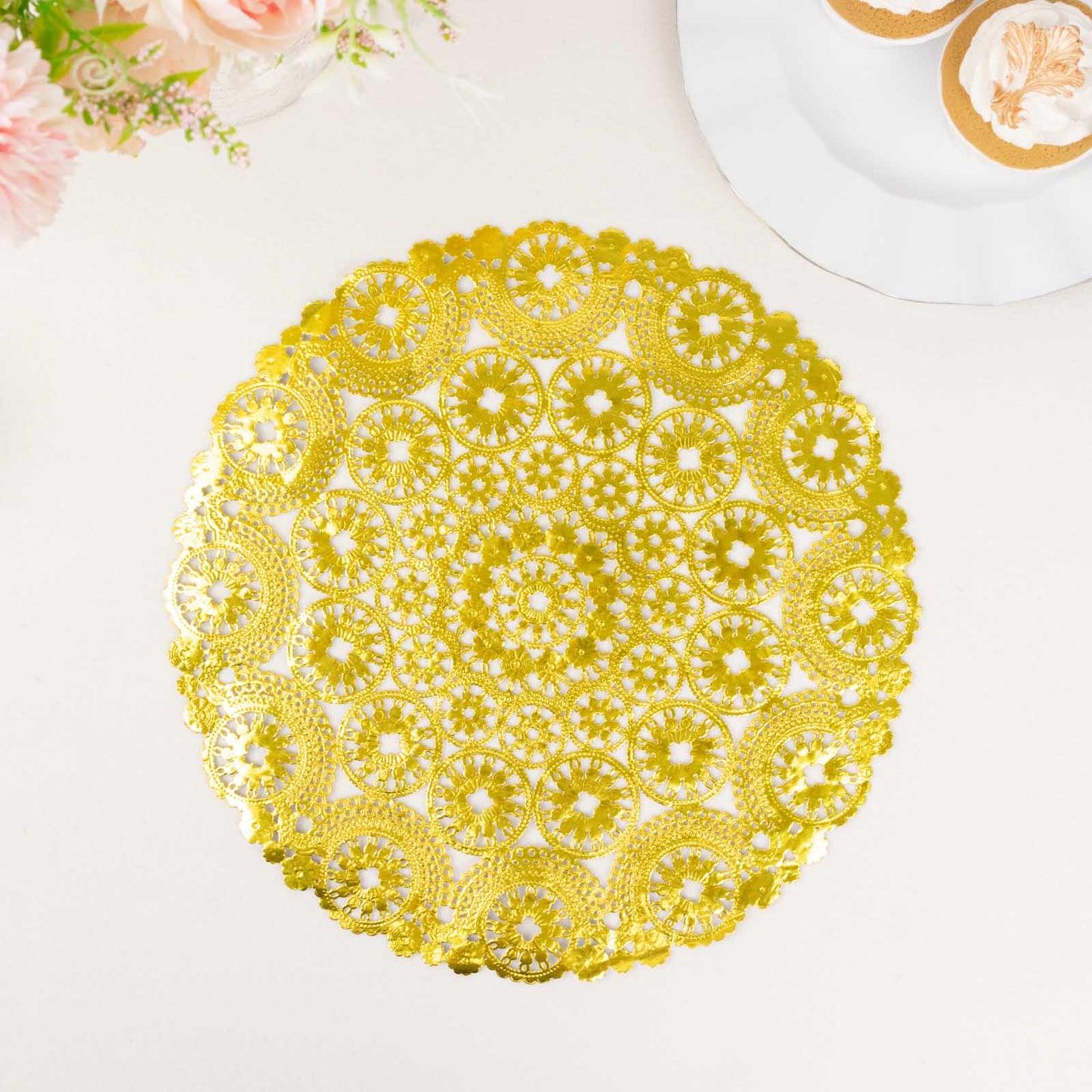 Metallic gold lace doily, 12" round disposable placemat, 50 pack.