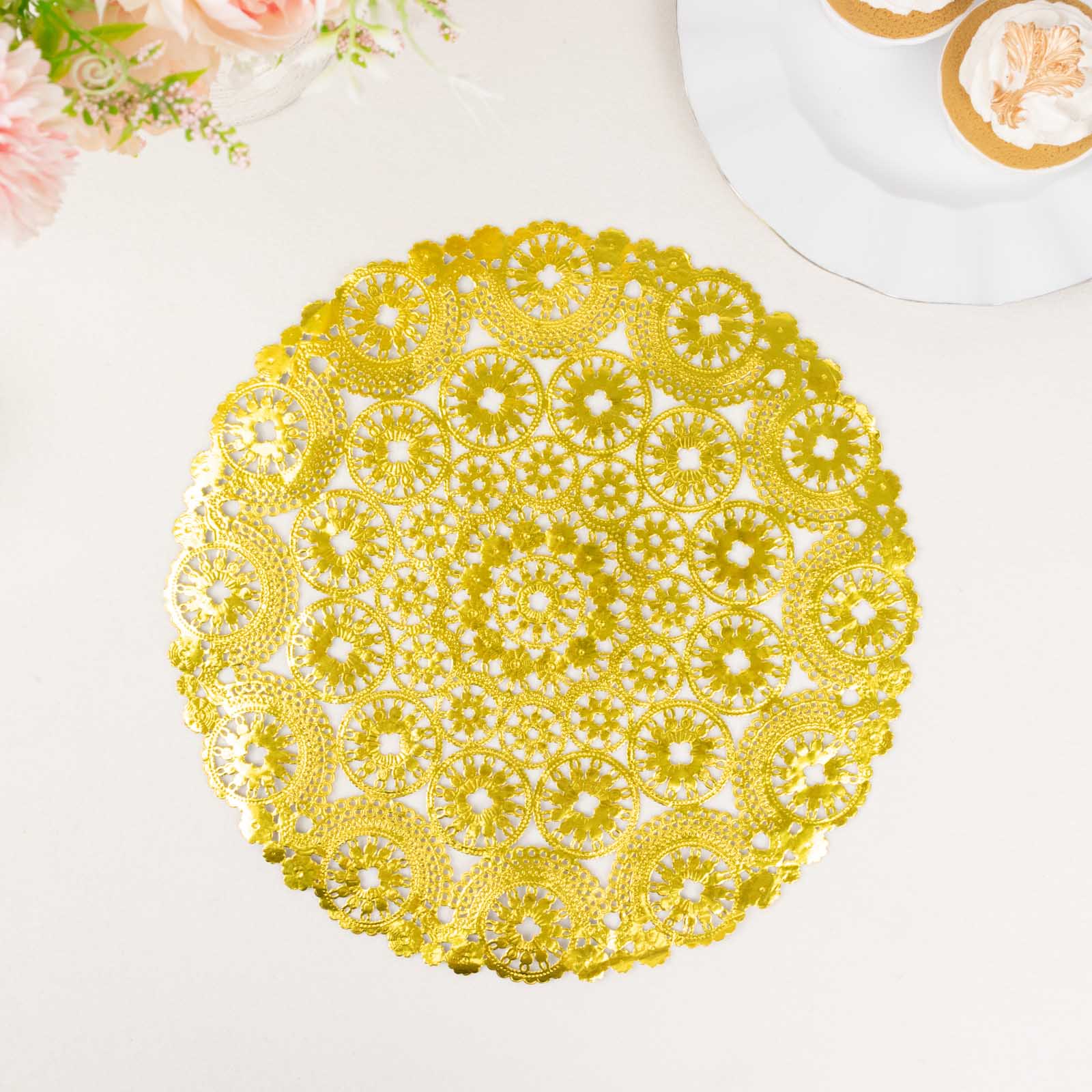 Metallic gold lace doily, 12" round disposable placemat, 50 pack.