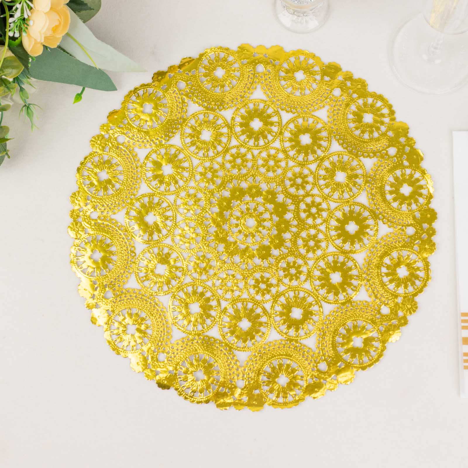 Metallic gold round paper lace doily, 12" decorative placemat.