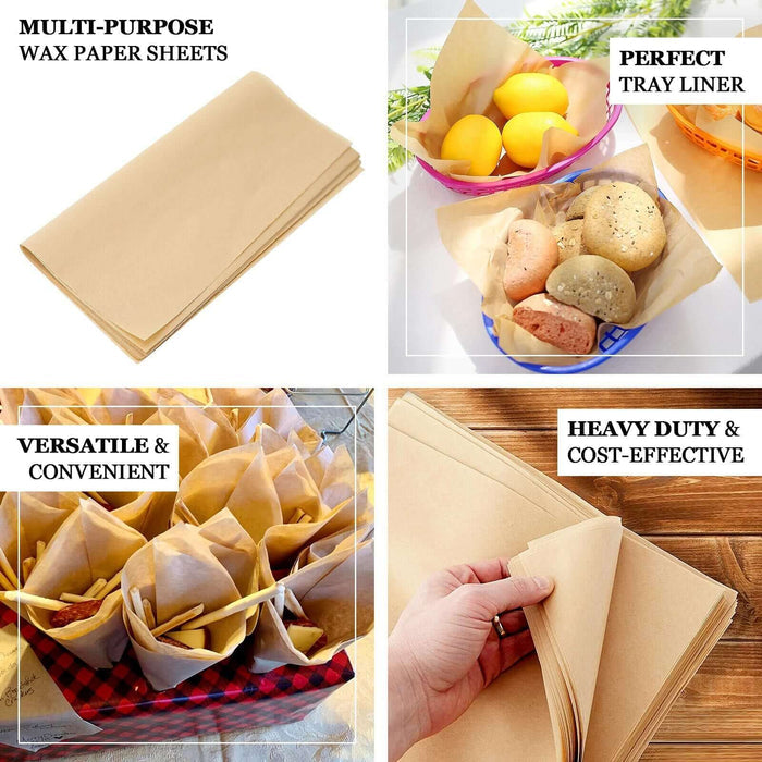 50 Pack | 12" Eco Friendly Square Natural Brown Wax Paper Food Wrappers, Greaseproof Basket Liner Sheets - 40GSM