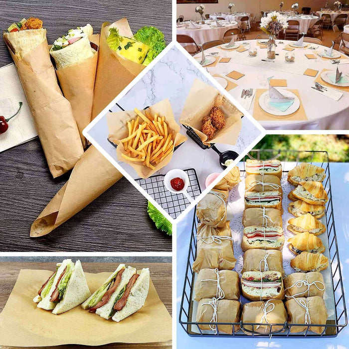 50 Pack | 12" Eco Friendly Square Natural Brown Wax Paper Food Wrappers, Greaseproof Basket Liner Sheets - 40GSM
