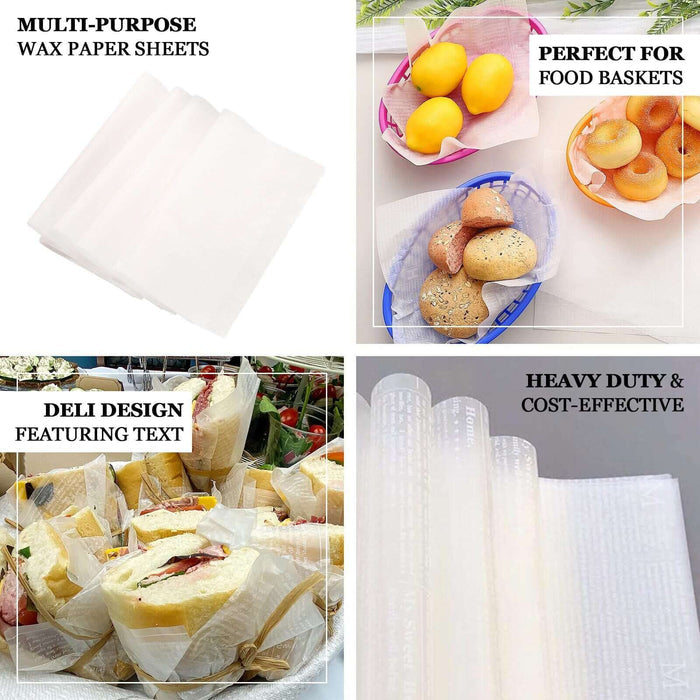 White pre-cut wax paper sheets for food baskets and sandwiches.