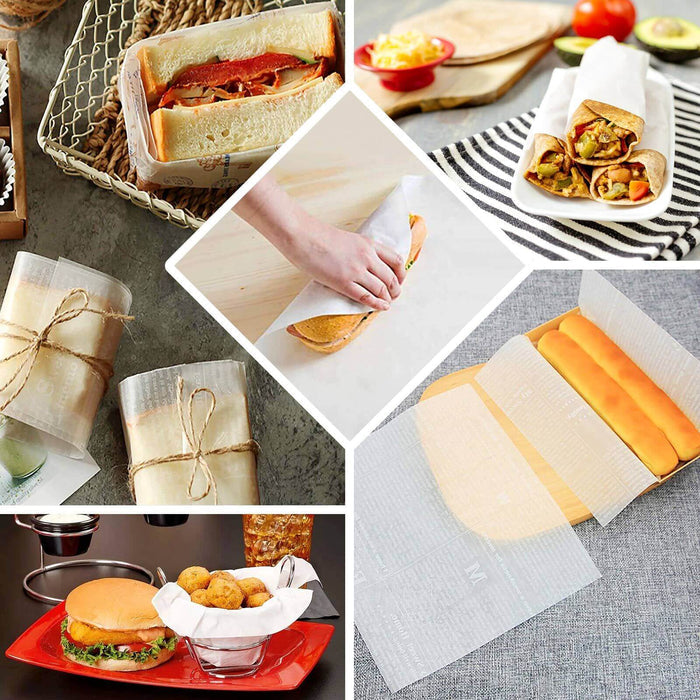 White wax paper food basket liners for sandwiches and wraps.