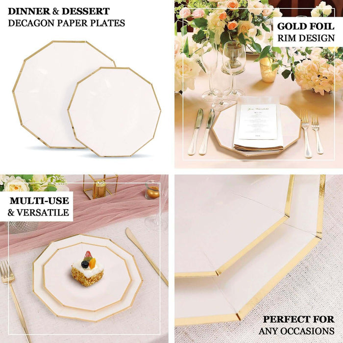 25 Pack | White 9" Geometric Dinner Paper Plates, Disposable Plates Decagon Shaped With Gold Foil Rim