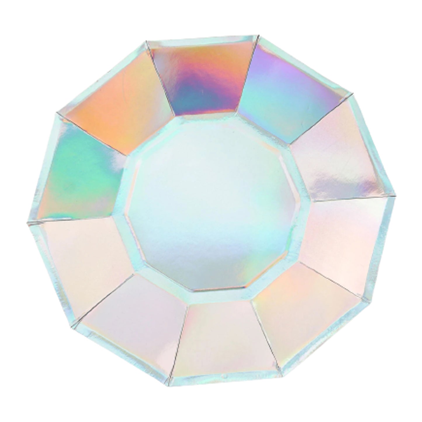 25 Pack | Iridescent 9" Geometric Dinner Paper Plates, Disposable Plates with Decagon Rim