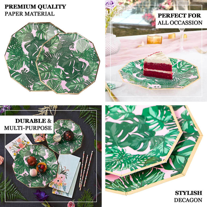 25 Pack | Tropical Palm Leaf 9" Dinner Paper Plates, Disposable Plates Geometric Decagon Shaped Pink/Green With Gold Rim