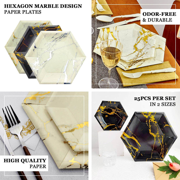 Ivory marble hexagon dessert plates with silver foil design, 25 pack.