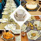 Ivory marble hexagon plates with silver foil design, perfect for appetizers and desserts.