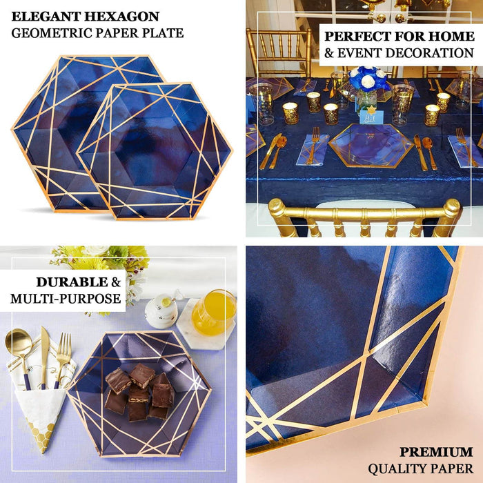 25 Pack | 7" Navy Blue / Gold Hexagon Salad Paper Plates, Geometric Disposable Dessert Appetizer Party Plates - 300 GSM