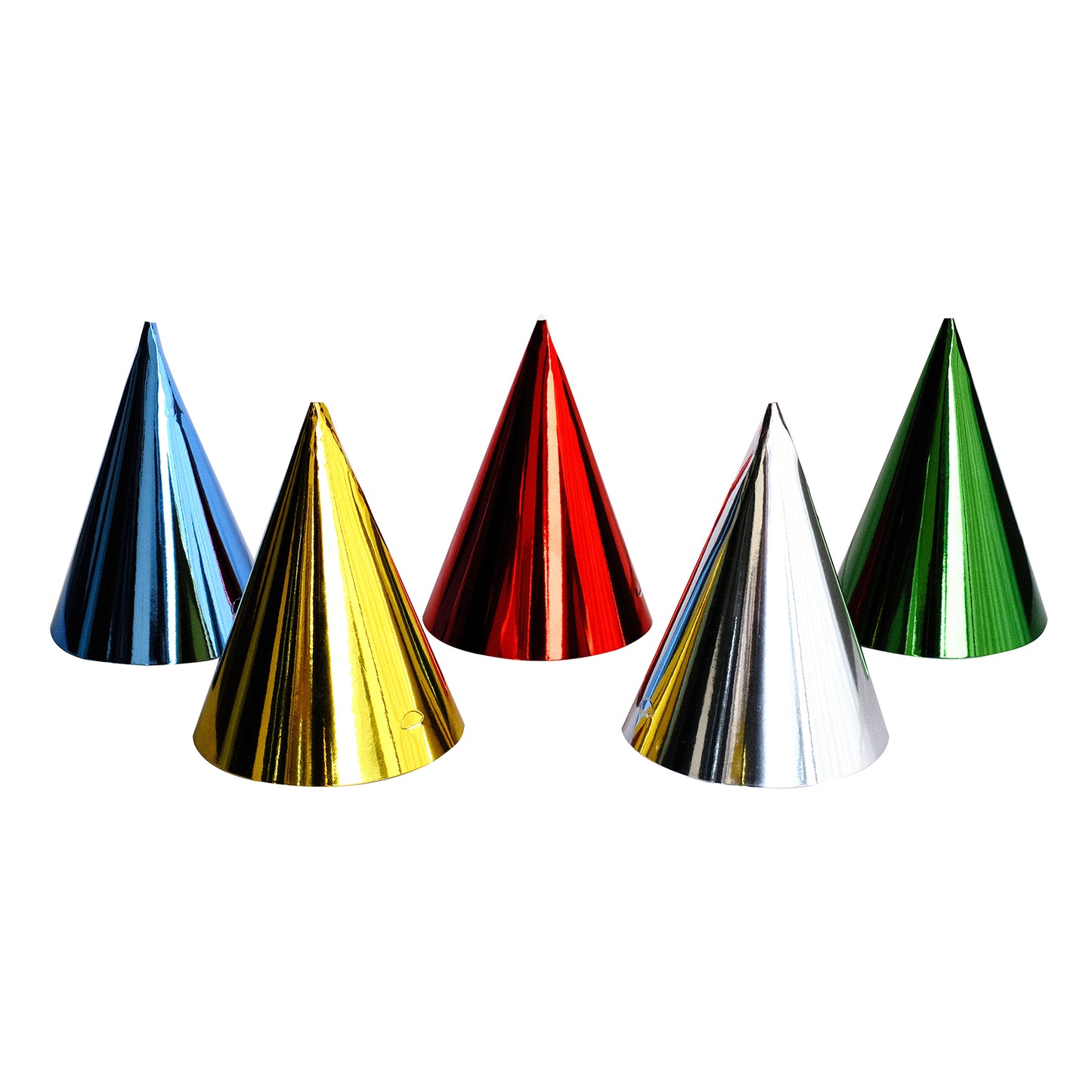 Mixed metallic foil party hats in vibrant colors, perfect for celebrations.
