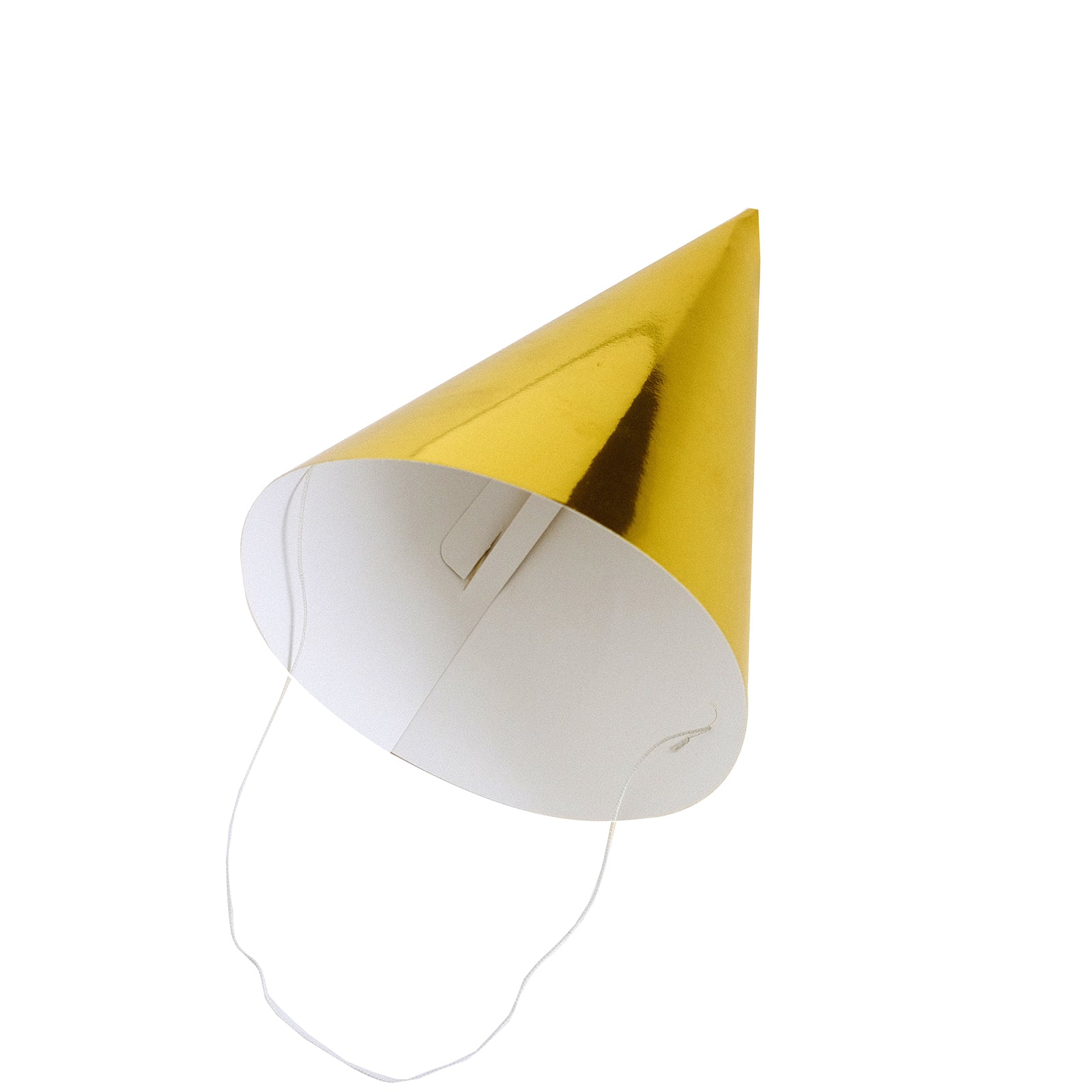 Gold metallic cone party hat from a pack of mixed birthday hats.
