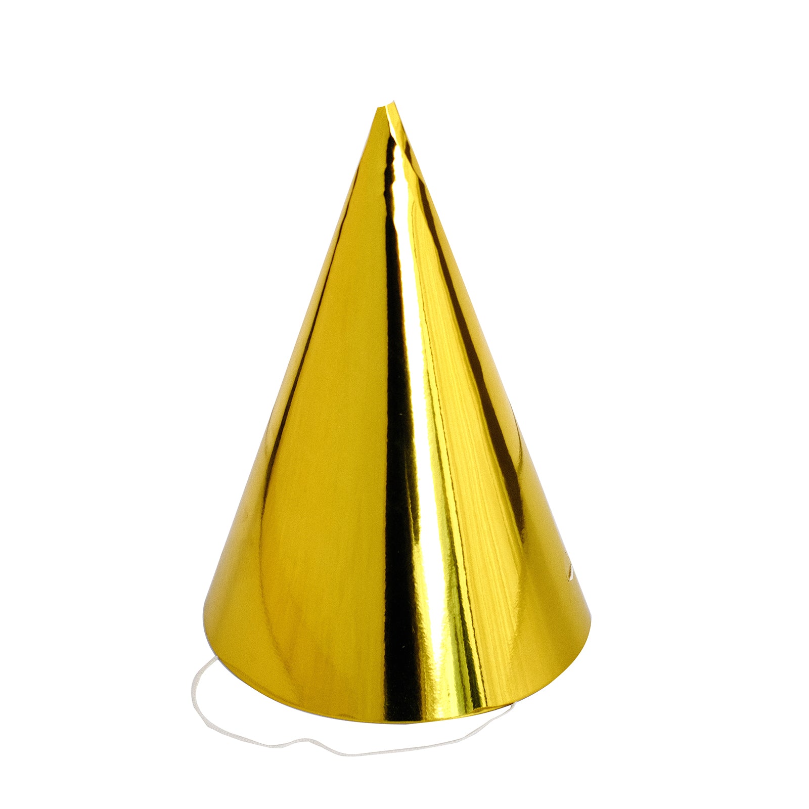 Gold metallic party hat, perfect for celebrations and birthdays.