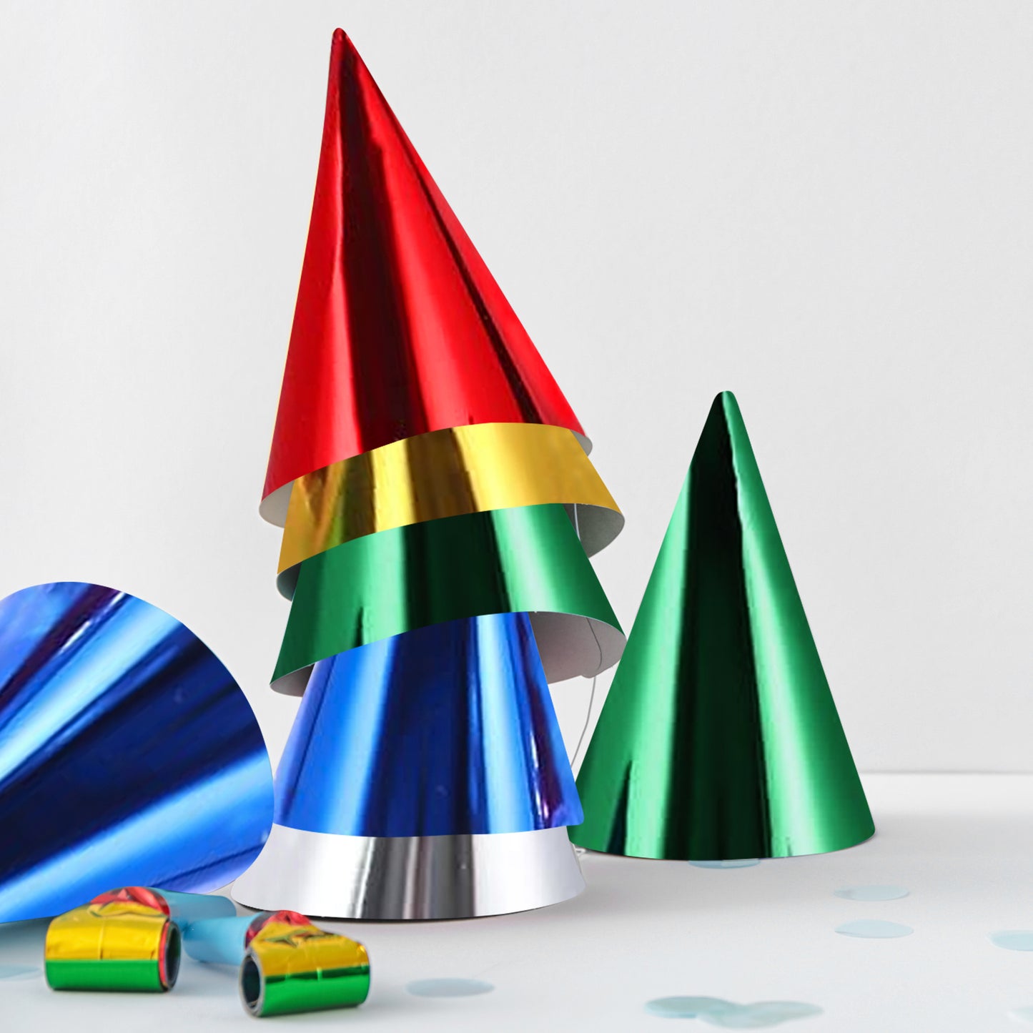 Mixed metallic foil party hats in red, green, gold, and blue. Perfect for celebrations.