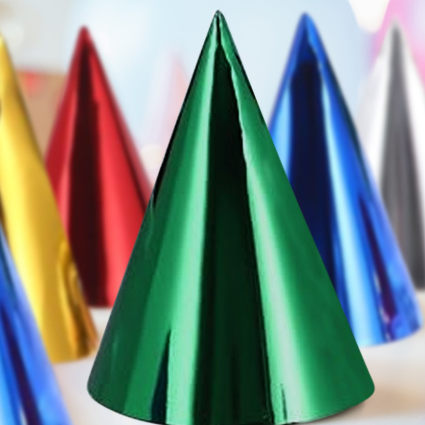 Green metallic foil party hats, pre-strung, perfect for birthdays or celebrations.