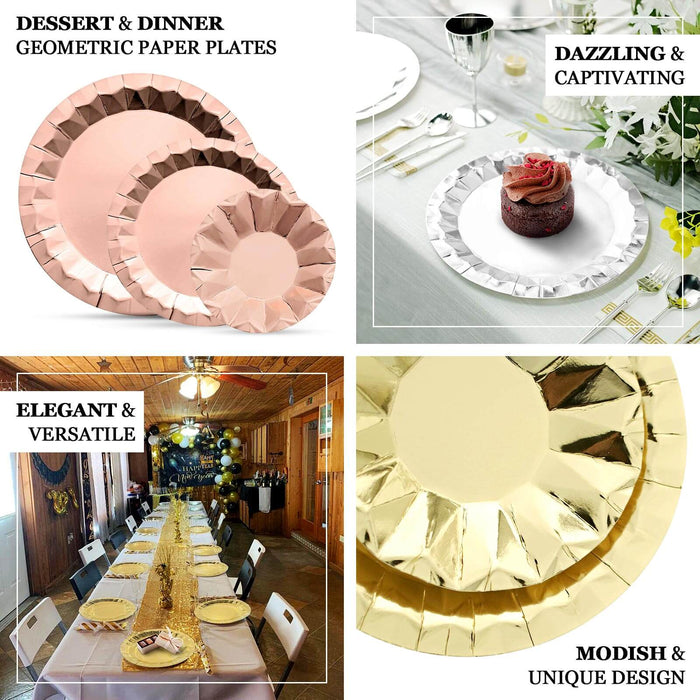 25 Pack 9" Geometric Metallic Rose Gold Foil Dinner Paper Plates, Disposable Party Plates - 400 GSM