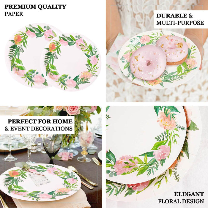 25 Pack | Rose/Peony 7" Flower Wreath Dessert Appetizer Paper Plates, Disposable Party Plates