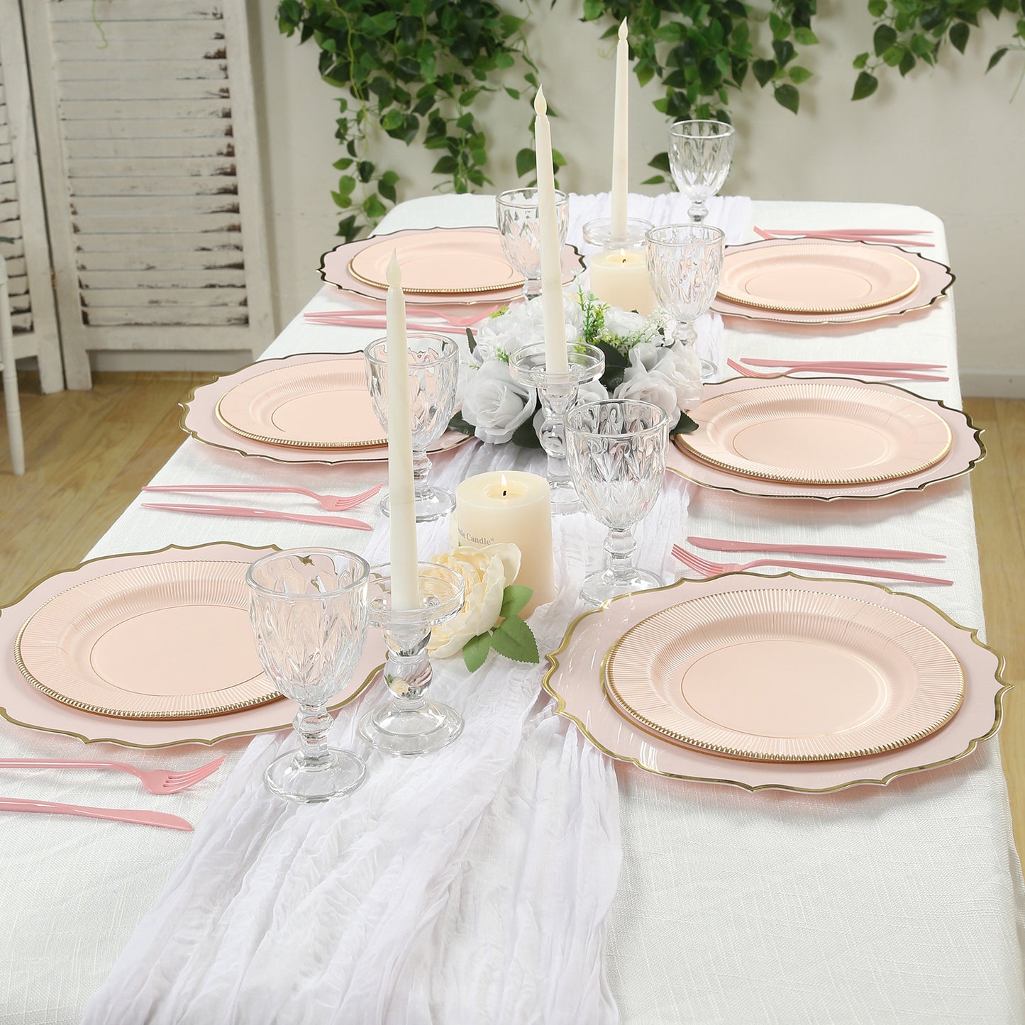 25-Pack Paper 10" Round Dinner Plates in Blush Sunray Design with Gold Rim - Disposable Heavy Duty 350GSM Party Plates
