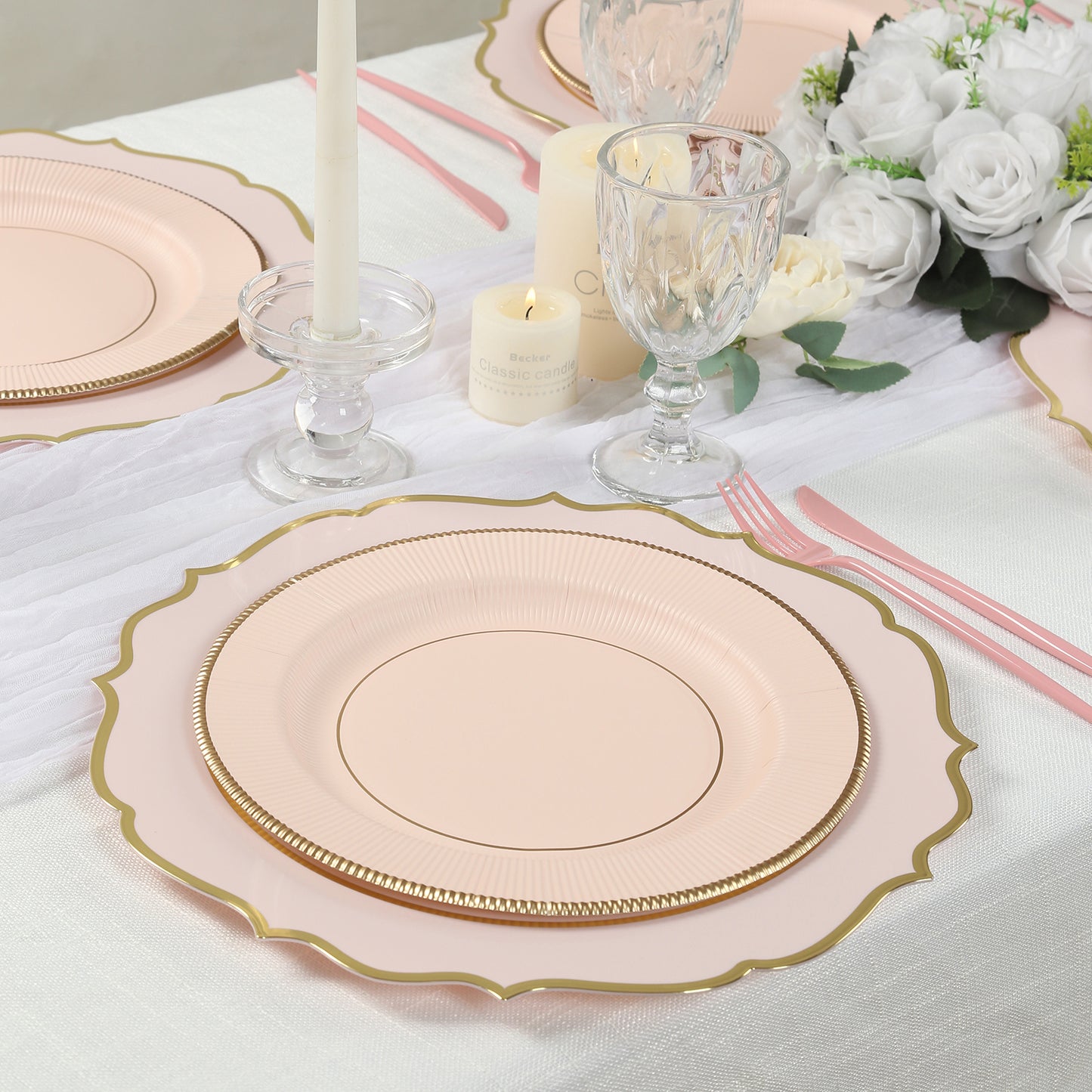 25-Pack Paper 10" Round Dinner Plates in Blush Sunray Design with Gold Rim - Disposable Heavy Duty 350GSM Party Plates