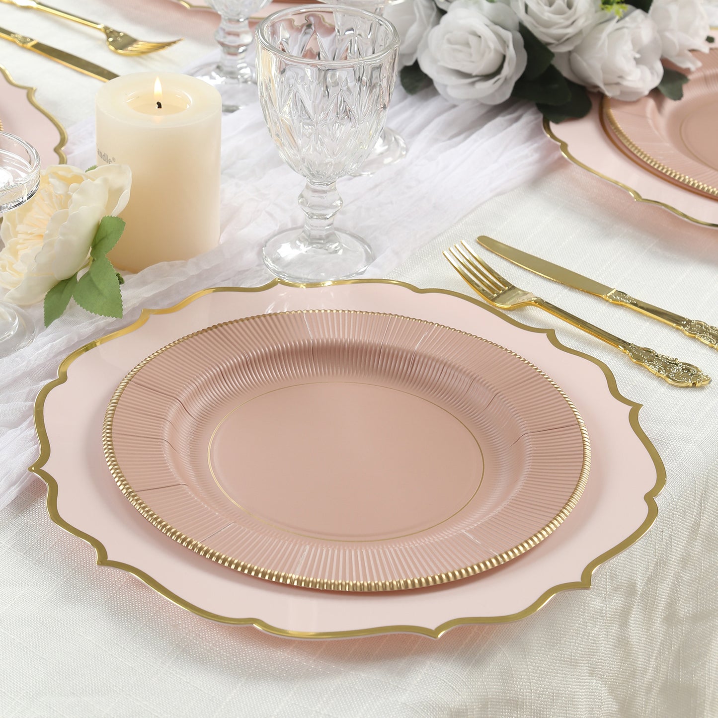 25-Pack Paper 10" Round Dinner Plates in Dusty Rose Sunray Design with Gold Rim - Disposable Heavy Duty 350GSM Party Plates
