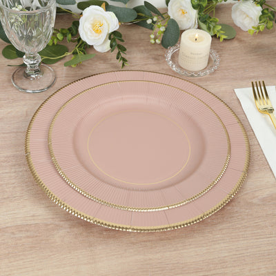 10" Dusty Rose Sunray Design with Gold Rim - Heavy Duty Disposable Dinner Plates