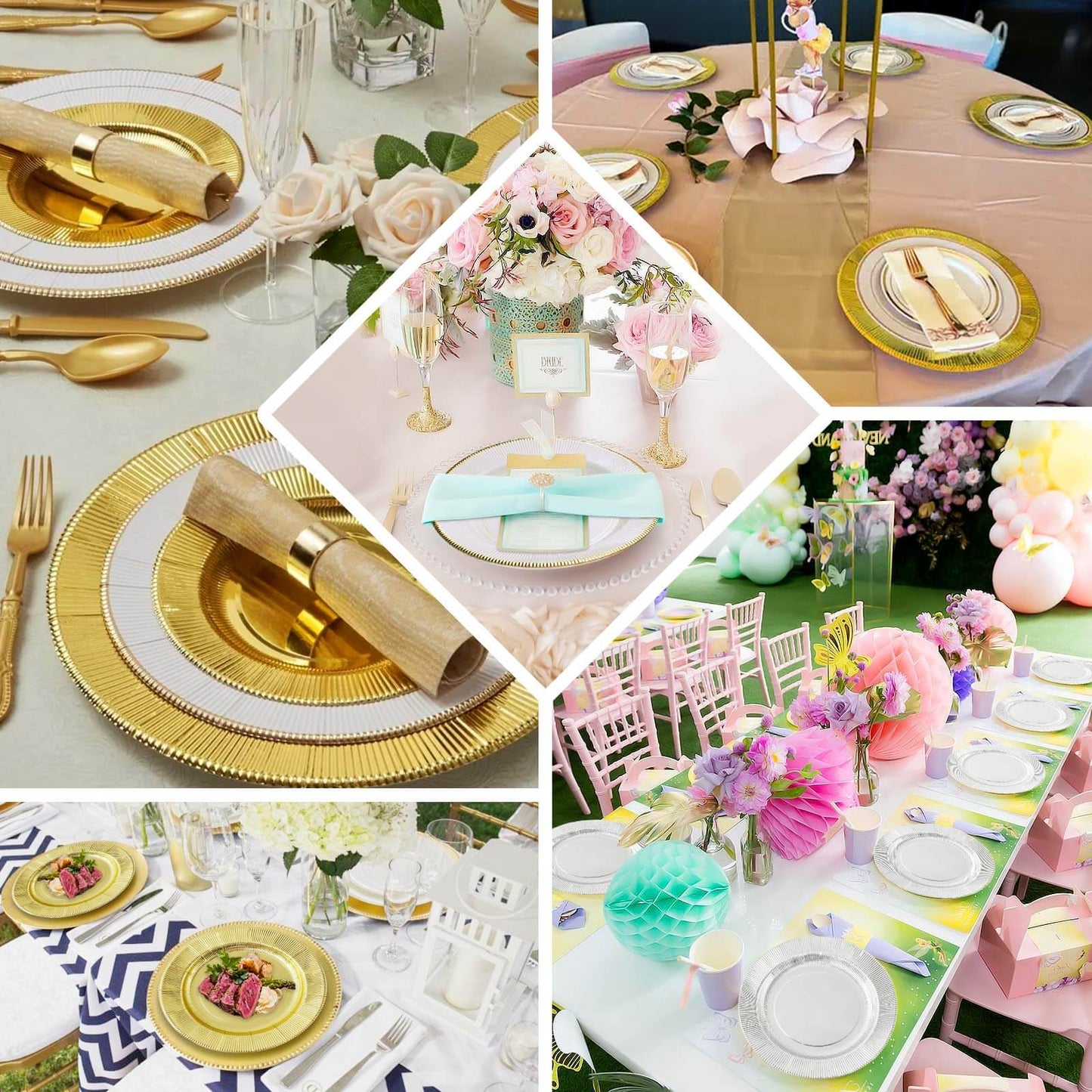 25-Pack Paper 10" Round Dinner Plates in Blush Sunray Design with Gold Rim - Disposable Heavy Duty 350GSM Party Plates