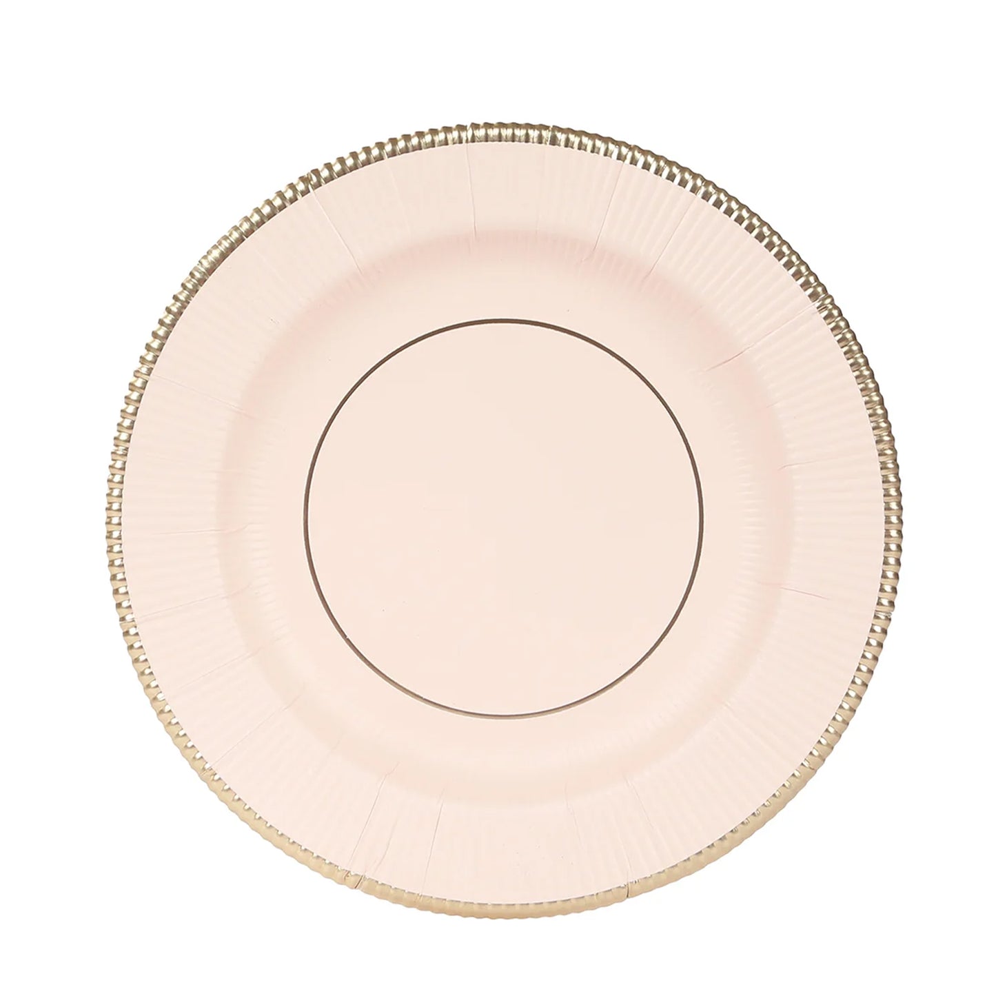 25-Pack Paper 8" Round Dessert Plates in Blush Sunray Design with Gold Rim - Disposable Heavy Duty 350GSM Appetizer Salad Plates