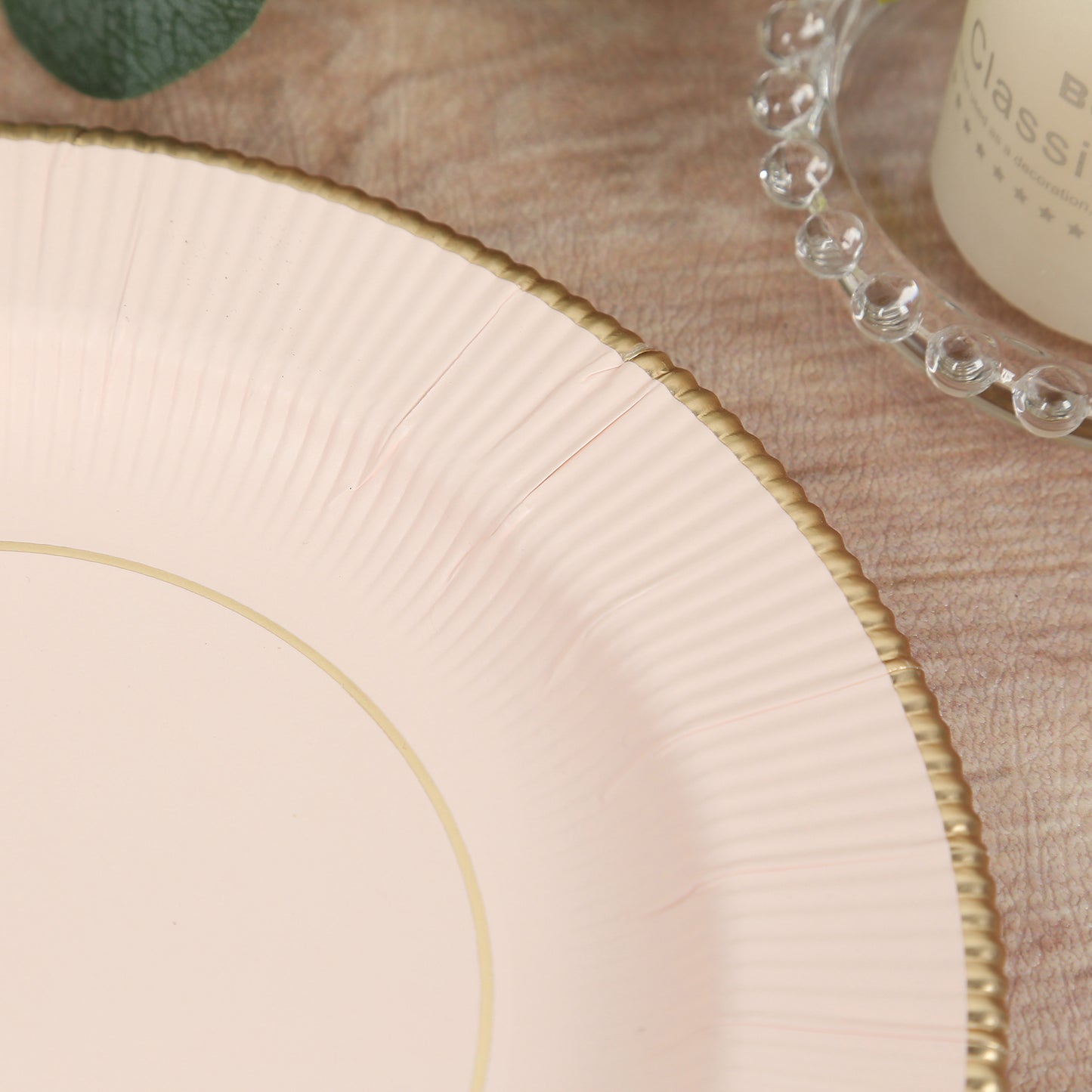 25-Pack Paper 8" Round Dessert Plates in Blush Sunray Design with Gold Rim - Disposable Heavy Duty 350GSM Appetizer Salad Plates