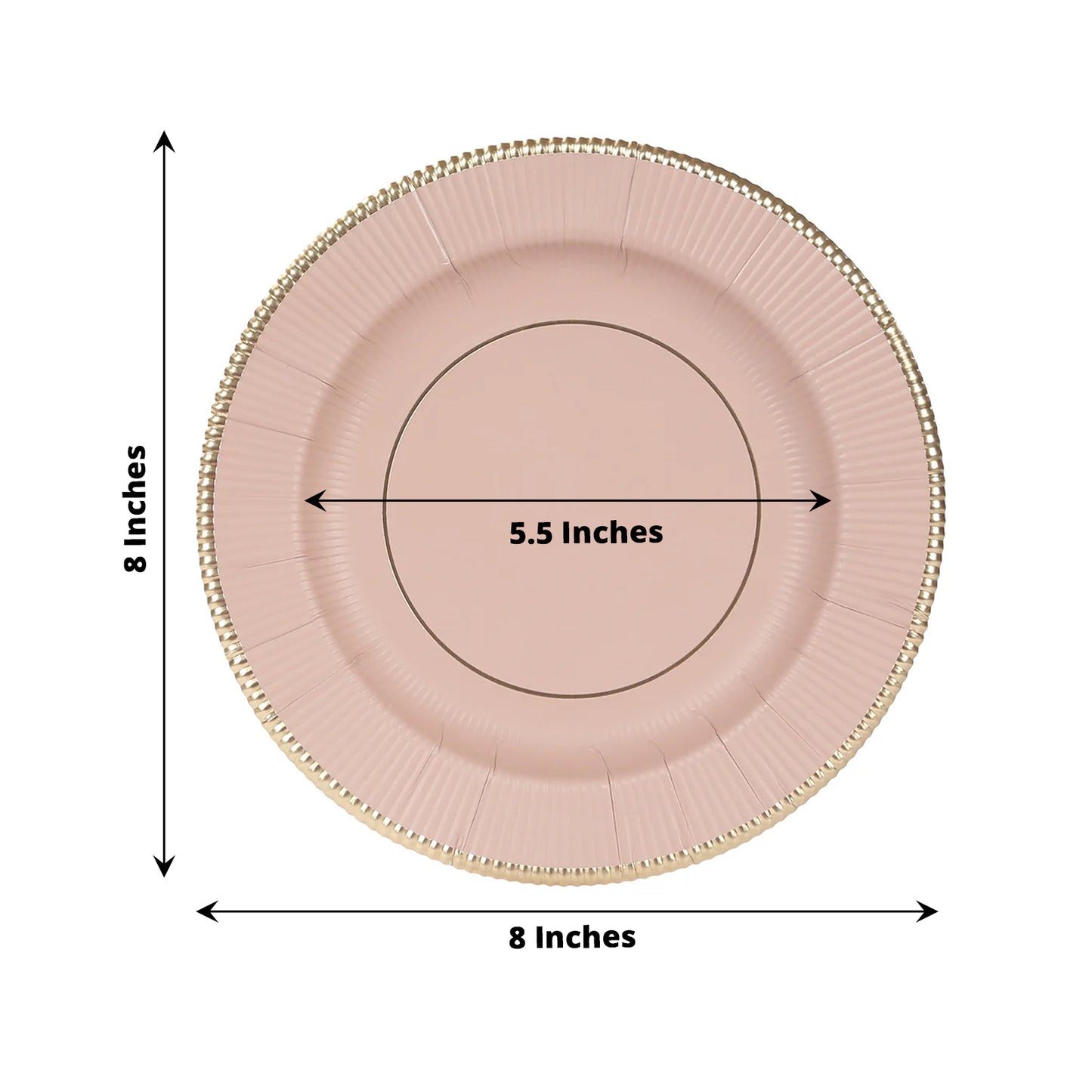 25-Pack Paper 8" Round Dessert Plates in Dusty Rose Sunray Design with Gold Rim - Disposable Heavy Duty 350GSM Appetizer Salad Plates