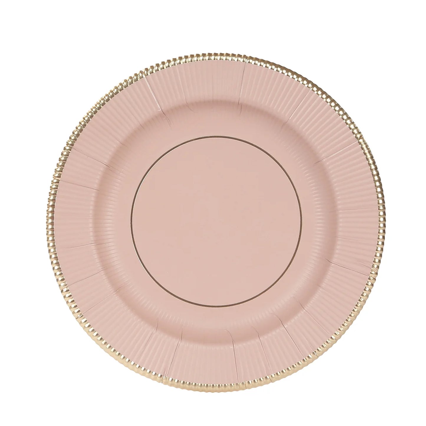 25-Pack Paper 8" Round Dessert Plates in Dusty Rose Sunray Design with Gold Rim - Disposable Heavy Duty 350GSM Appetizer Salad Plates