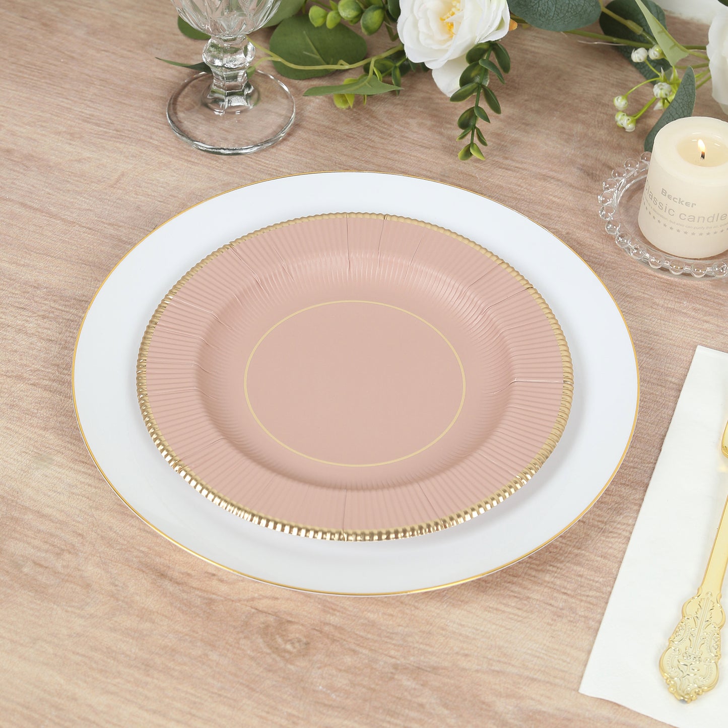 25-Pack Paper 8" Round Dessert Plates in Dusty Rose Sunray Design with Gold Rim - Disposable Heavy Duty 350GSM Appetizer Salad Plates