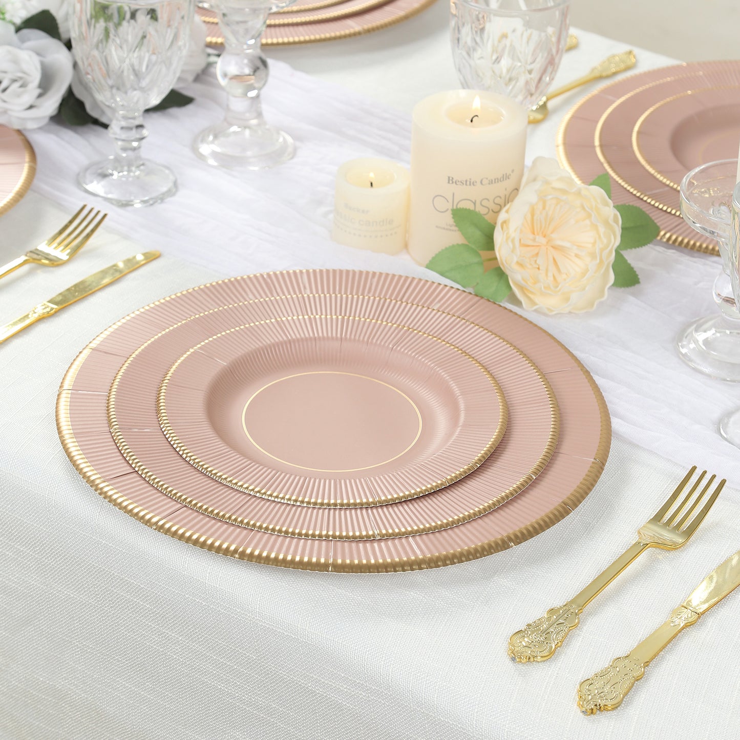 25-Pack Paper 8" Round Dessert Plates in Dusty Rose Sunray Design with Gold Rim - Disposable Heavy Duty 350GSM Appetizer Salad Plates