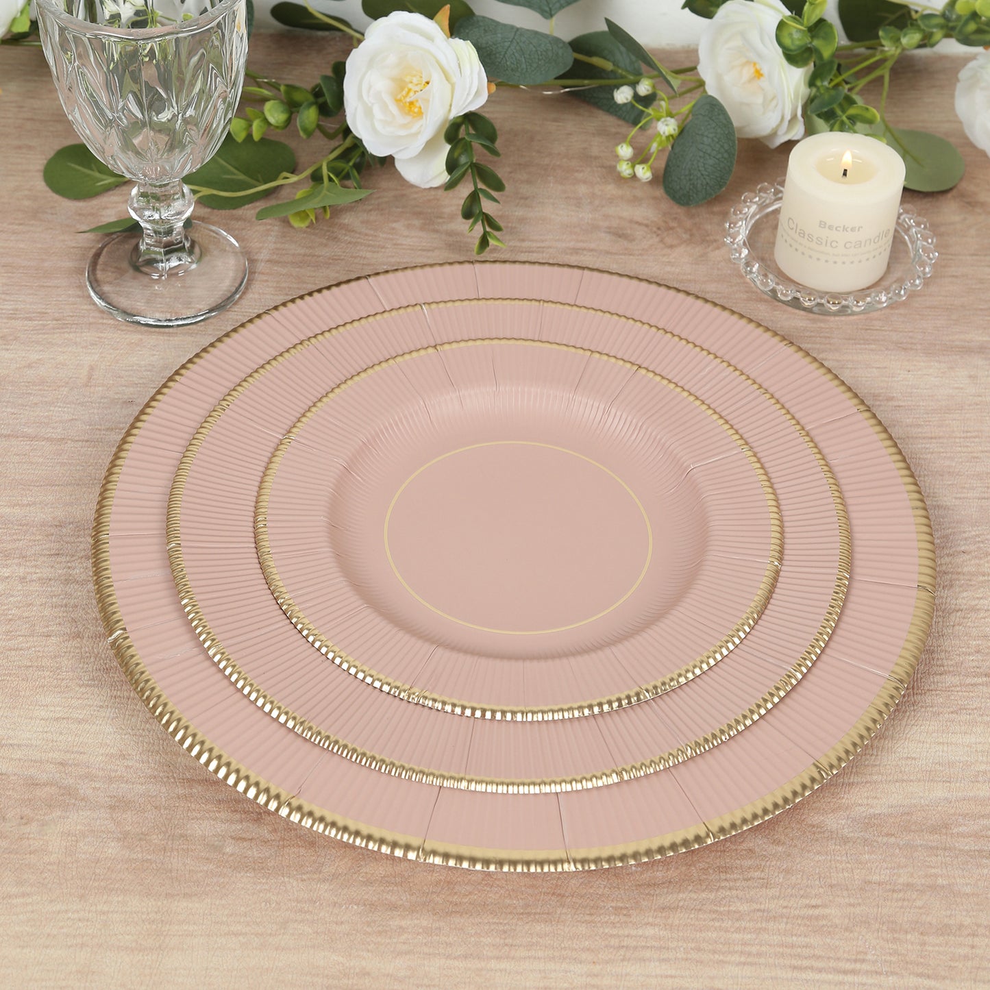 25-Pack Paper 8" Round Dessert Plates in Dusty Rose Sunray Design with Gold Rim - Disposable Heavy Duty 350GSM Appetizer Salad Plates