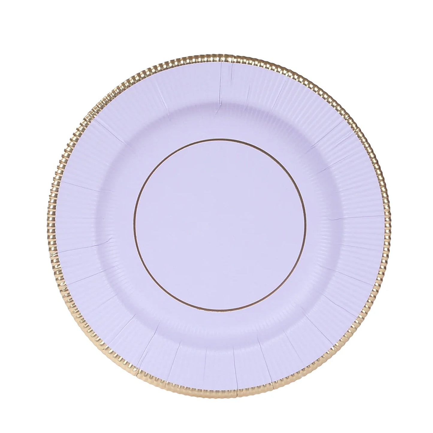 25-Pack Paper 8" Round Dessert Plates in Lavender Lilac Sunray Design with Gold Rim - Disposable Heavy Duty 350GSM Appetizer Salad Plates