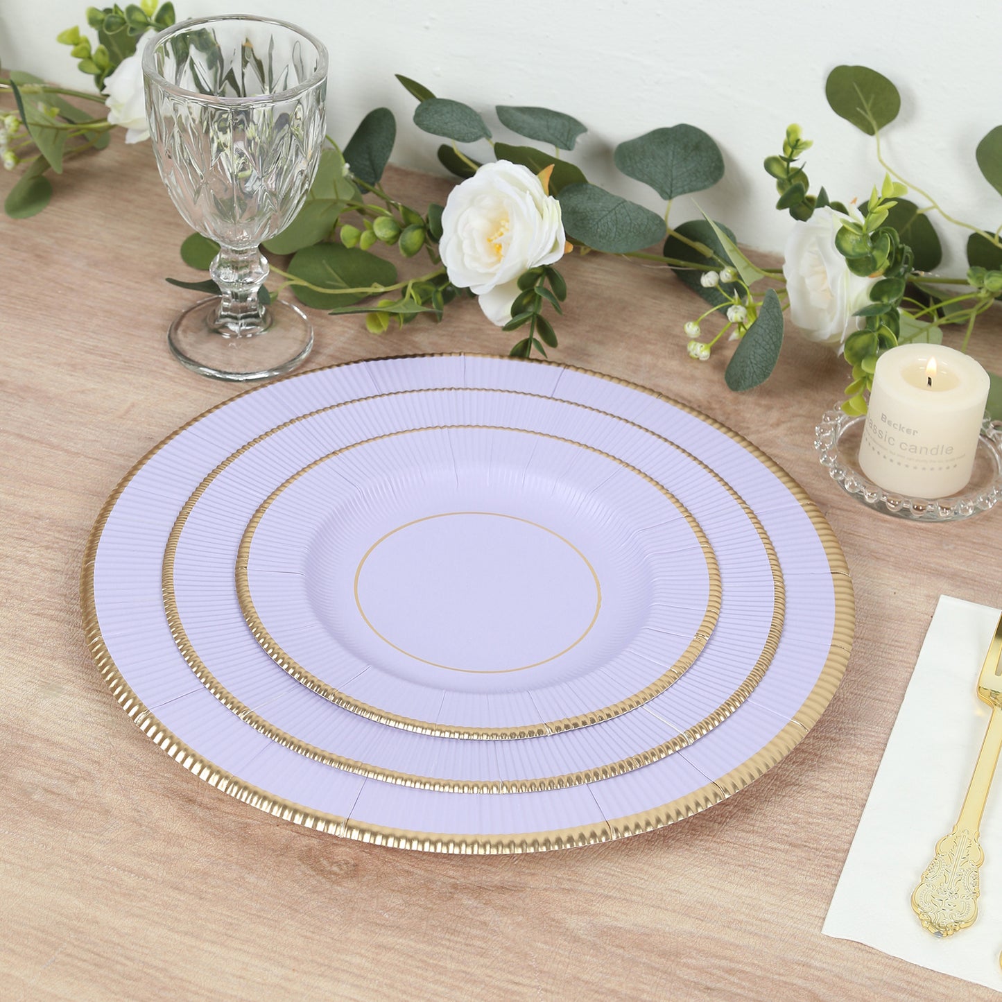 25-Pack Paper 8" Round Dessert Plates in Lavender Lilac Sunray Design with Gold Rim - Disposable Heavy Duty 350GSM Appetizer Salad Plates
