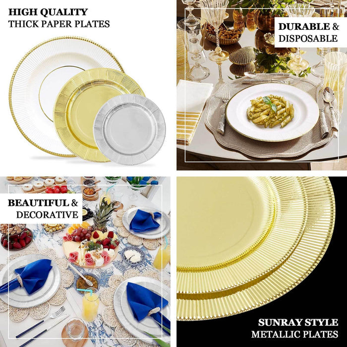 25 Pack | 13" Hunter Emerald Green Sunray Disposable Serving Plates, Heavy Duty Paper Charger Plates With Gold Rim - 350 GSM