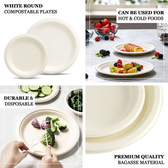 9" white biodegradable bagasse dinner plates for eco-friendly parties.