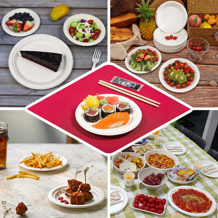 7" white biodegradable bagasse dessert plates for eco-friendly parties.