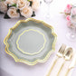 25 Pack Sage Green Disposable Party Plates With Scalloped Gold Rim, 10" Dinner Paper Plates - 300 GSM