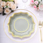 25 Pack Sage Green Disposable Party Plates With Scalloped Gold Rim, 10" Dinner Paper Plates - 300 GSM