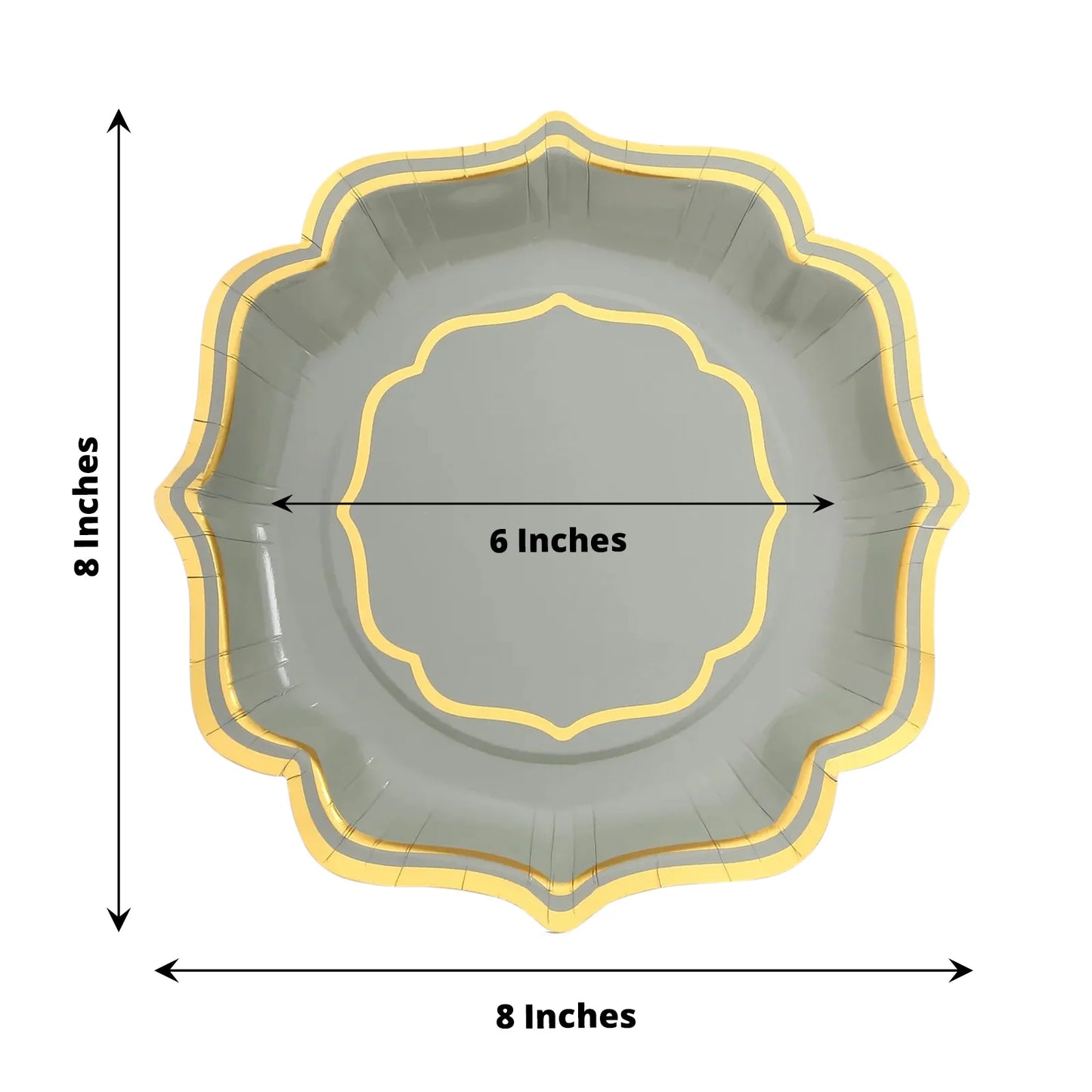 25 Pack Sage Green Disposable Salad Plates With Scalloped Gold Rim, 8" Disposable Appetizer Dessert Plates - 300 GSM