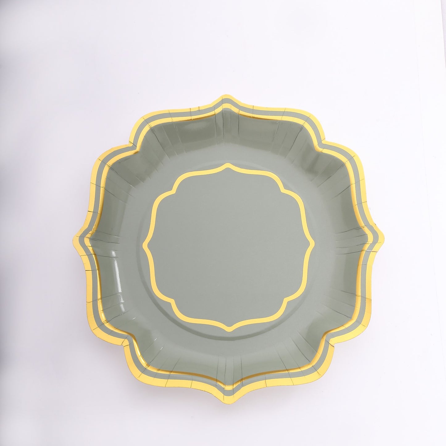 25 Pack Sage Green Disposable Salad Plates With Scalloped Gold Rim, 8" Disposable Appetizer Dessert Plates - 300 GSM